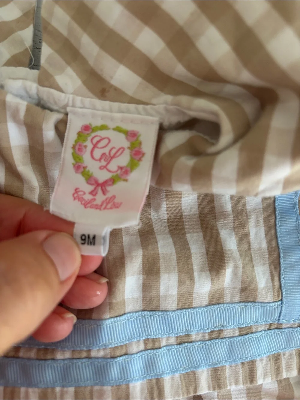 Cecil and Lou size 9 months bibbed gingham print tan blue ribbon romper long